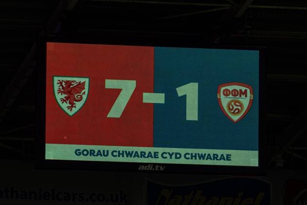 Football - FIFA World Cup, WM, Weltmeisterschaft, Fussball 2026 - Qualifying - Group J - Wales v North Macedonia CARDIFF, WALES - Tuesday, November 18, 2025: The scoreboard records Wales 7-1 victory during the FIFA World Cup Qualifying Group J match between Wales and North Macedonia at the Cardiff City Stadium. (Photo by David Rawcliffe Propaganda) CARDIFF Cardiff City Stadium CARDIFF WALES  Copyright: xDavidxRawcliffex P2025-11-18-Wales_North_Macedonia-57