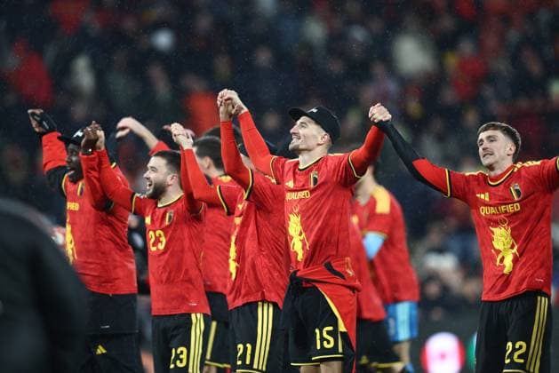 Belgium s players celebrate after winning a soccer game between Belgium s Red Devils and Liechtenstein, the last FIFA World Cup, WM, Weltmeisterschaft, Fussball 2026 qualification match, in Liege on Tuesday 18 November 2025. BRUNOxFAHY  x142537850x