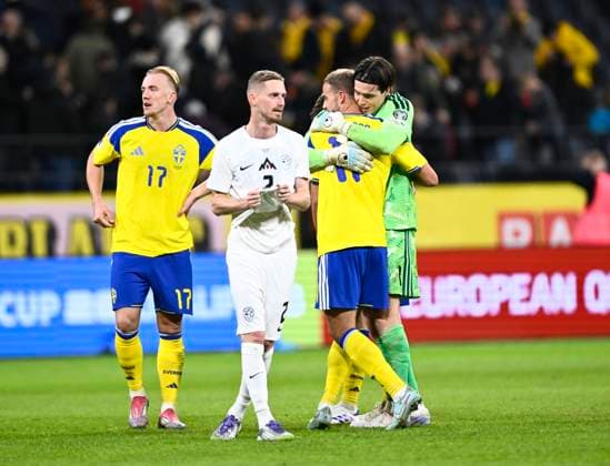 STOCKHOLM, SWEDEN 20251118 Swedens goalkeeper Jacob Widell Zetterström hugs goal scorer Gustav Lundgren after Tuesdays World Cup Group B qualifying match between Sweden and Slovenia at Strawberry Arena Swedens Isac Lidberg and Slovenias Å½an KarniÄnik to the right STOCKHOLM SWEDEN x10050x  Copyright: xPontusxLundahl TTx VM-KVAL SVERIGE-SLOVENIEN