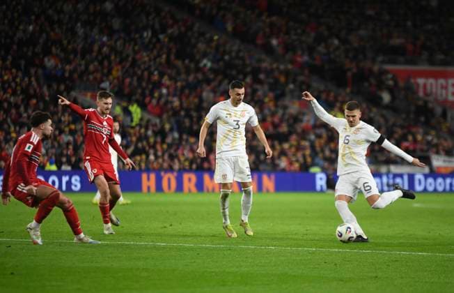 18th November 2025; Cardiff City Stadium, Cardiff, Wales; FIFA World Cup, WM, Weltmeisterschaft, Fussball Qualifying International Football, Wales versus North Macedonia; Andrej Stojchevski of North Macedonia taking a shot at goal  AledxHopkins