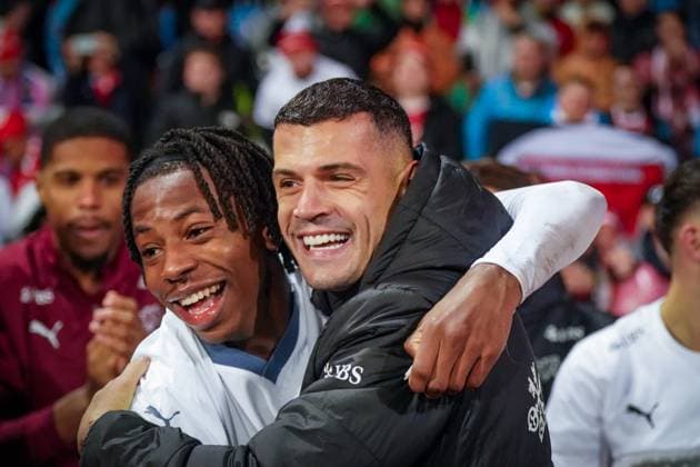 Football World Cup Qualification 2025 26, 10 Matchday Kosovo vs Switzerland Fadil Vokrri Stadium Pristina Granit Xhaka Switzerland, 10 and Johan Manzambi Switzerland, 9 Joy, emotions, jubilation after qualifying for the World Cup Pristina Kosovo Copyright: xJOERANxSTEINSIEKx
