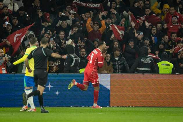 FOOTBALL: International Friendly, Länderspiel, Nationalmannschaft match between Brazil and Tunez at Stade Pierre-Mauroy on November 18, 2025 in Lille, France. Joie des joueurs de l equipe de Tunez apres le but de Mastouri 9 but  Copyright: xelyxandroxcegarrax