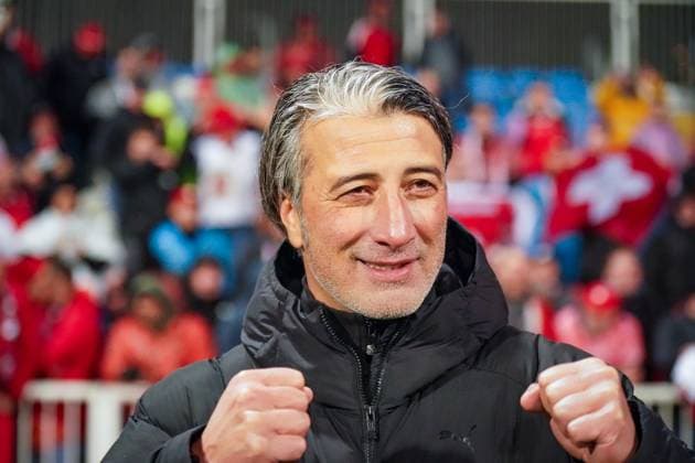 Football World Cup qualification 2025 26, 10 Matchday Kosovo vs Switzerland Fadil Vokrri Stadium Pristina Clenched fists for the World Cup in America Murat Yakin Coach, Switzerland Joy, emotions, jubilation Copyright: xJOERANxSTEINSIEKx