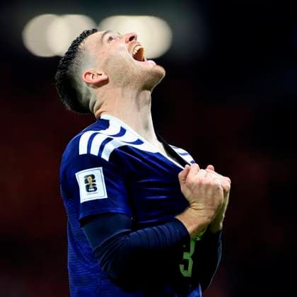 Scotland v Denmark 2026 FIFA World Cup, WM, Weltmeisterschaft, Fussball Qualifiers Andy Robertson of Scotland celebrates his teams third goal during the 2026 FIFA World Cup Qualifiers Group C match at Hampden Park, Glasgow UK Newspapers OUT Copyright: xFredxPalmerx FIL-22515-0066