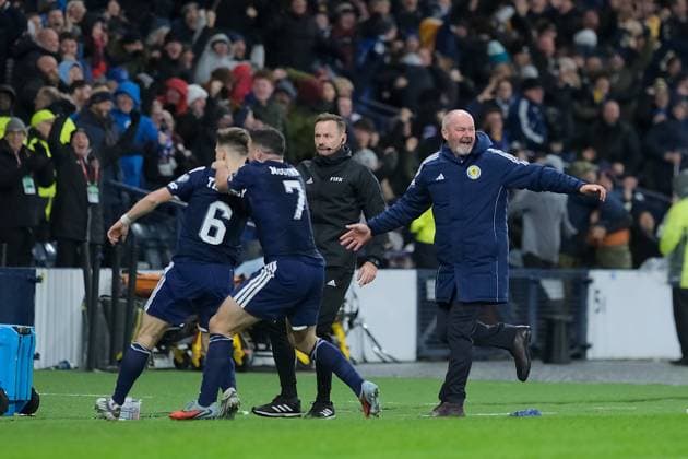 UK: Scotland v Denmark, UEFA World Cup European Qualifiers at Hampden Park, Glasgow, Scotland on 18 November 2025: Pictured: Kieran Tierney (Scotland) scores to make it 3-2 Glasgow Hampden Park Scotland Copyright: xAlexxToddx