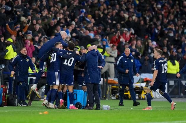 UK: Scotland v Denmark, UEFA World Cup European Qualifiers at Hampden Park, Glasgow, Scotland on 18 November 2025: Pictured: Kieran Tierney (Scotland) scores to make it 3-2 Glasgow Hampden Park Scotland Copyright: xAlexxToddx