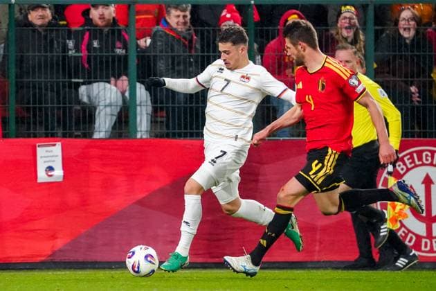 2025-11-18 Belgium v Liechtenstein - FIFA 2026 World Cup Qualifier LIEGE, BELGIUM - NOVEMBER 18: Fabio Luque Notaro of Liechtenstein battles for possession with Brandon Mechele of Belgium during the FIFA 2026 World Cup Qualifier match between Belgium and Liechtenstein at Stade Maurice Dufrasne on November 18, 2025 in Liege, Belgium. (Photo by Gabriel Calvino Alonso BSR Agency) Liege Belgium Content not available for redistribution in The Netherlands directly or indirectly through any third parties. Copyright: xBSRxAgencyx