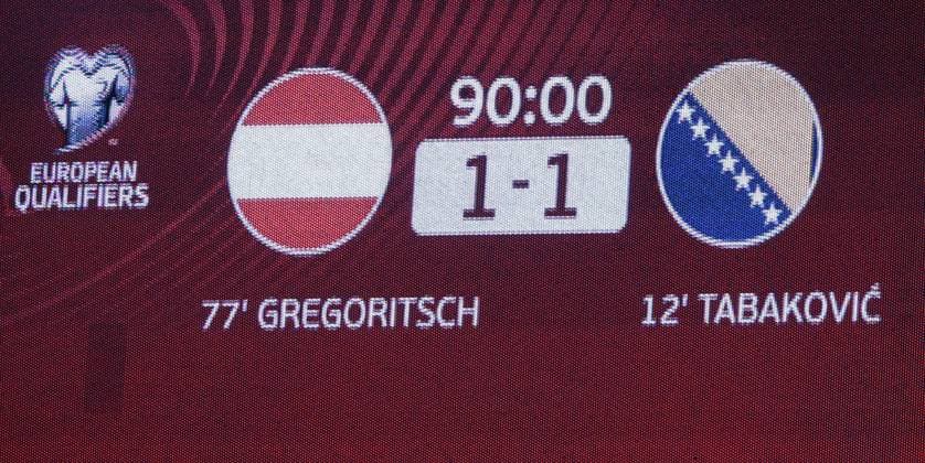 SOCCER - FIFA WC quali, AUT vs BIH VIENNA,AUSTRIA,18.NOV.25 - FIFA World Cup, WM, Weltmeisterschaft, Fussball 2026, European Qualifiers, group stage, OEFB international match, Länderspiel, Nationalmannschaft Austria vs Bosnia and Herzegovina. Image shows the scoreboard.  GEPAxpictures xWalterxLuger