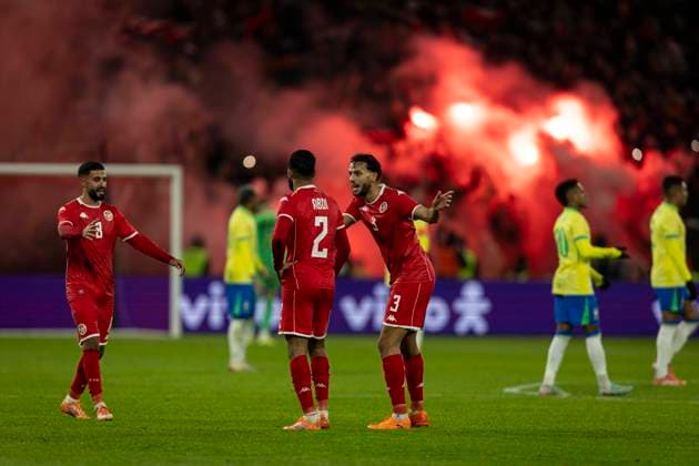 FOOTBALL: International Friendly, Länderspiel, Nationalmannschaft match between Brazil and Tunez at Stade Pierre-Mauroy on November 18, 2025 in Lille, France. Joie des joueurs de l equipe de Tunez apres le but de Mastouri 9  Copyright: xelyxandroxcegarrax