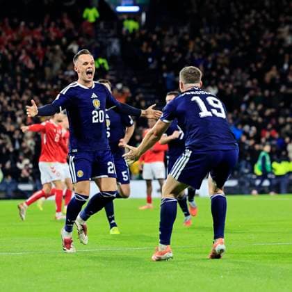 Scotland v Denmark 2026 FIFA World Cup, WM, Weltmeisterschaft, Fussball Qualifiers Lawrence Shankland of Scotland (left) celebrates scoring his teams second goal with Lewis Ferguson of Scotland celebrates scoring his teams second goal with during the 2026 FIFA World Cup Qualifiers Group C match at Hampden Park, Glasgow UK Newspapers OUT Copyright: xFredxPalmerx FIL-22515-0096
