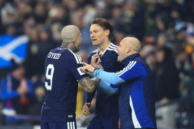 18th November 2025; Hampden Park, Glasgow, Scotland; FIFA World Cup, WM, Weltmeisterschaft, Fussball Qualifiers International Football, Scotland versus Denmark; Scott McTominay of Scotland celebrates with Lyndon Dykes after scoring for 1-0 in the 3rd minute  DavidxYoung
