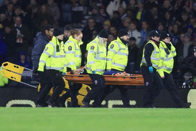 18th November 2025; Hampden Park, Glasgow, Scotland; FIFA World Cup, WM, Weltmeisterschaft, Fussball Qualifiers International Football, Scotland versus Denmark; Ben Gannon-Doak of Scotland goes off on a stretcher after being injured  DavidxYoung