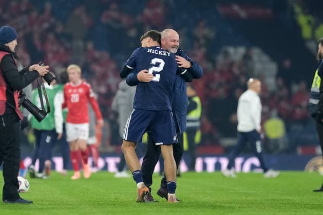 UK: Scotland v Denmark, UEFA World Cup European Qualifiers at Hampden Park, Glasgow, Scotland on 18 November 2025: Pictured: Scotland Coach Steve Clarke celebrates with Aaron Hickey (Scotland) after the match Glasgow Hampden Park Scotland Copyright: xAlexxToddx