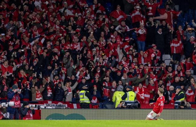 18th November 2025; Hampden Park, Glasgow, Scotland; FIFA World Cup, WM, Weltmeisterschaft, Fussball Qualifiers International Football, Scotland versus Denmark; Rasmus Hojlund of Denmark celebrates after he scores from the penalty spot in the 57th minute to make it 1-1  VagelisxGeorgariou