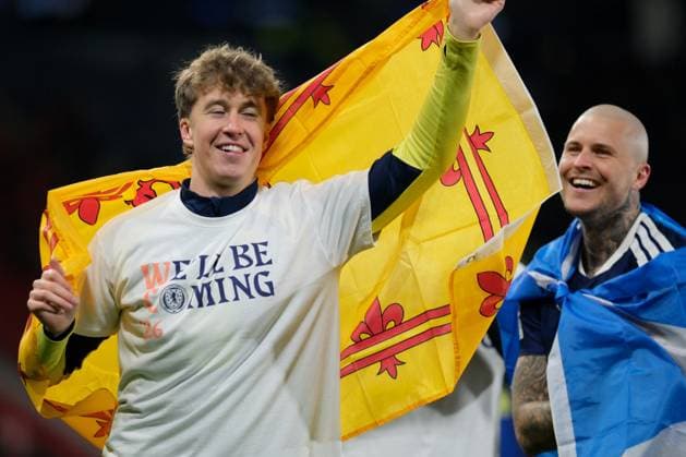 UK: Scotland v Denmark, UEFA World Cup European Qualifiers at Hampden Park, Glasgow, Scotland on 18 November 2025: Pictured: Jack Hendry (Scotland) and Lyndon Dykes (Scotland) celebrate after the match Glasgow Hampden Park Scotland Copyright: xAlexxToddx