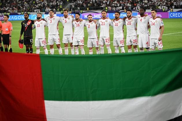 Fußball, WM Quali, Irak - VAE Iraq v UAE - AFC Asian Qualifiers 2026 BASRA, IRAQ - NOVEMBER 18: Players of UAE pose for a team photo in front of Palestinian flag ahead of the 2026 FIFA World Cup, WM, Weltmeisterschaft, Fussball Asian qualifiers fifth round second leg match between Iraq and United Arab Emirates at Basra International Stadium in Basra, Iraq, on November 18, 2025. Haidar Mohammed Ali Anadolu Basra Iraq. Editorial use only. Please get in touch for any other usage.  Copyright: x2025xAnadoluxHaidarxMohammedxAlix