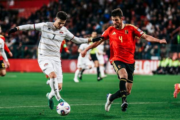 FIFA World Cup UEFA Qualifiers Belgium Liechtenstein 18 11 2025 Fabio Luque Notaro Liechtenstein, 7 in duel with Brandon Mechele Belgium, 4 FIFA World Cup UEFA Qualifiers Belgium Liechtenstein Liège, Maurice Dufrasne Stadium, 18 11 2025 Copyright: xBEAUTIFULxSPORTS Freisenx