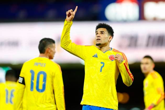 November 18, 2025: During the game, Colombia forward Luis Diaz 7 celebrates scoring a goal in an International Friendly, Länderspiel, Nationalmannschaft match between Colombia and Australia at Citi Field in Queens, New York. Colombia defeats Australia 3-0. Cal Media - ZUMAc04_ 20251118_zma_c04_303 Copyright: xShaquanxWoodyx