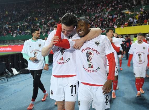 (251119) -- VIENNA, Nov. 19, 2025 -- David Alaba (front, R) and Michael Gregoritsch of Austria celebrate victory after the 2026 World Cup European Qualifiers match between Austria VS Bosnia and Herzegovina in Vienna, Austria, Nov. 18, 2025. ) (SP)AUSTRIA-VIENNA-FOOTBALL-2026 WORLD CUP EUROPEAN QUALIFIERS-AUSTRIA VS BOSNIA AND HERZEGOVINA HexCanling 