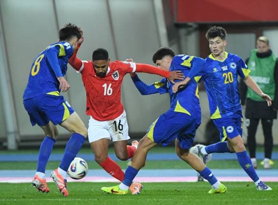 (251119) -- VIENNA, Nov. 19, 2025 -- Phillipp Mwene (2nd L) of Austria competes during the 2026 World Cup European Qualifiers match between Austria VS Bosnia and Herzegovina in Vienna, Austria, Nov. 18, 2025. ) (SP)AUSTRIA-VIENNA-FOOTBALL-2026 WORLD CUP EUROPEAN QUALIFIERS-AUSTRIA VS BOSNIA AND HERZEGOVINA HexCanling 