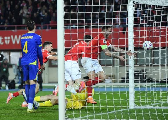 (251119) -- VIENNA, Nov. 19, 2025 -- Players of Austria react for a goal during the 2026 World Cup European Qualifiers match between Austria VS Bosnia and Herzegovina in Vienna, Austria, Nov. 18, 2025. ) (SP)AUSTRIA-VIENNA-FOOTBALL-2026 WORLD CUP EUROPEAN QUALIFIERS-AUSTRIA VS BOSNIA AND HERZEGOVINA HexCanling 