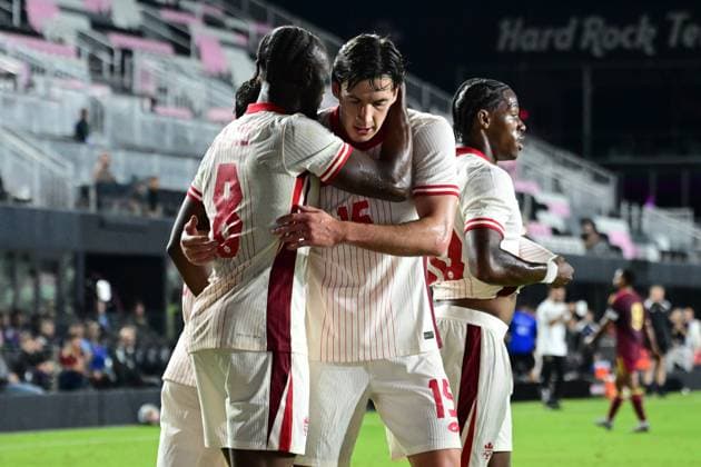 Players of Canada celebrate a goal during in a friendly mach between the national teams of Venezuela and Canada at the Chase Stadium, in Fort Lauderdale, United States, 18 November 2025. International Friendly, Länderspiel, Nationalmannschaft match: Venezuela vs Canada !ACHTUNG: NUR REDAKTIONELLE NUTZUNG!  Copyright: xGiorgioxVierax AMDEP9345 20251119-55018578070_1