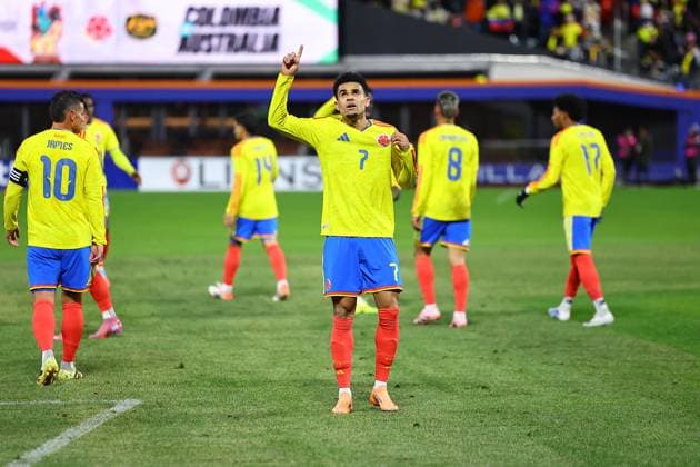 Colombia v Australia - International Friendly, Länderspiel, Nationalmannschaft Colombia forward Luis Diaz 7 celebrates a goal during the International Friendly soccer match against Australia at Citi Field in Corona, N.Y., on November 18, 2025. New York City N.Y. United States  Copyright: xGordonxDonovanx originalFilename:donovan-colombia251118_npNTs.jpg
