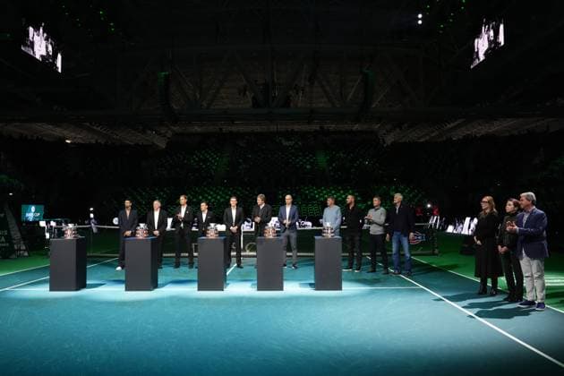 Novak Djokovic, Boris Becker and Ivan Ljubicic during a tribute ceremony to Niki Pilic before Davis Cup Finals 2025 Quarterfinals match between Matteo Berrettini (Italy) and Jurij Rodionov (Austria) at Bologna Fiere, Bologna, Italy - November 19, 2025. - Tennis.  Copyright: xMassimoxPaolone LaPressex