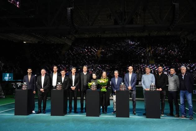 Novak Djokovic, Boris Becker and Ivan Ljubicic during a tribute ceremony to Niki Pilic before Davis Cup Finals 2025 Quarterfinals match between Matteo Berrettini (Italy) and Jurij Rodionov (Austria) at Bologna Fiere, Bologna, Italy - November 19, 2025. - Tennis.  Copyright: xMassimoxPaolone LaPressex