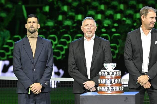 Davis Cup Finale 2025 Bologne - Davis Cup Finale 2025 Bologne - 19 11 2025 - Ceremonie Hommage Nicolas Pilic - Croatie en presence Madame Pilic, sa fille, president de la Federartion Internationale de tennis, Novak Djokovic, Boris Becker, Lubjicic, Andrea Gaudenzi, Gilles Moretton, et de nombreux Champions Bologne  Copyright: xChryslenexCaillaud Pznewsx