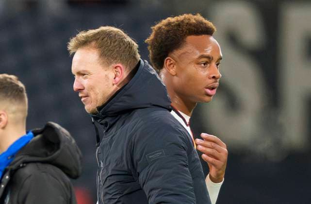 DFB headcoach Julian Nagelsmann , Bundestrainer, Nationaltrainer celebrate with Assan Ouedraogo of Germany after the FIFA World Cup, WM, Weltmeisterschaft, Fussball 2026 qualifier match GERMANY - SLOVAKIA 6-0 in Season 2025 2026 at November 17, 2025 in Leipzig, Germany.