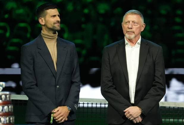 TENNIS - DAVIS CUP 2025 - FINAL 8 19 11 2025 Laurent Lairys MAXPPP - Ceremonie Hommage on Nikola Pilic Novak Djokovic and Boris Beker during the Davis Cup 2025, Final 8, Tennis event on 19 November 2025 in Bologna, Italy - Photo Laurent Lairys Bologna Italy  Copyright: xMAXPPPxLaurentxLairysx LLR202511195450 LLR202511195450