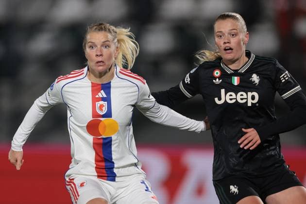 Biella, Italy, 19th November 2025. Ada Hegerberg of OL Lyonnes and Mathilde Harviken of Juventus during the Juventus Women vs Lyonnes UEFA Womens Champions League match at Stadio Vittorio Pozzo, Biella. Picture credit should read: Jonathan Moscrop Sportimage EDITORIAL USE ONLY. No use with unauthorised audio, video, data, fixture lists, club league logos or live services. Online in-match use limited to 120 images, no video emulation. No use in betting, games or single club league player publications. SPI_001_JM_JUVE_LYONNES_UWCL SPI-4295-0001