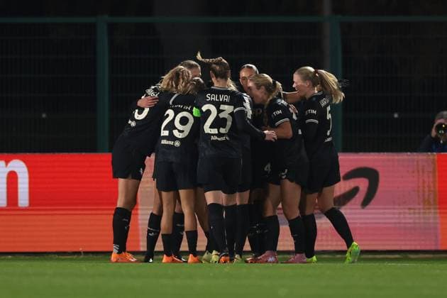 Biella, Italy, 19th November 2025. Chiara Beccari of Juventus celebrates with team mates after scoring to give the side a 1-0 lead during the Juventus Women vs Lyonnes UEFA Womens Champions League match at Stadio Vittorio Pozzo, Biella. Picture credit should read: Jonathan Moscrop Sportimage EDITORIAL USE ONLY. No use with unauthorised audio, video, data, fixture lists, club league logos or live services. Online in-match use limited to 120 images, no video emulation. No use in betting, games or single club league player publications. SPI_006_JM_JUVE_LYONNES_UWCL SPI-4295-0006