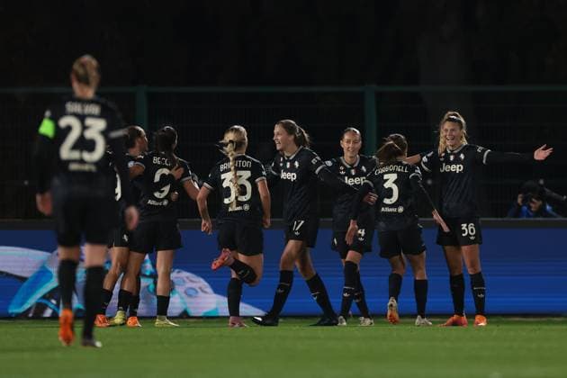 Biella, Italy, 19th November 2025. Michela Cambiaghi of Juventus celebrates with team mates after scoring to give the side a 2-0 lead during the Juventus Women vs Lyonnes UEFA Womens Champions League match at Stadio Vittorio Pozzo, Biella. Picture credit should read: Jonathan Moscrop Sportimage EDITORIAL USE ONLY. No use with unauthorised audio, video, data, fixture lists, club league logos or live services. Online in-match use limited to 120 images, no video emulation. No use in betting, games or single club league player publications. SPI_007_JM_JUVE_LYONNES_UWCL SPI-4295-0007