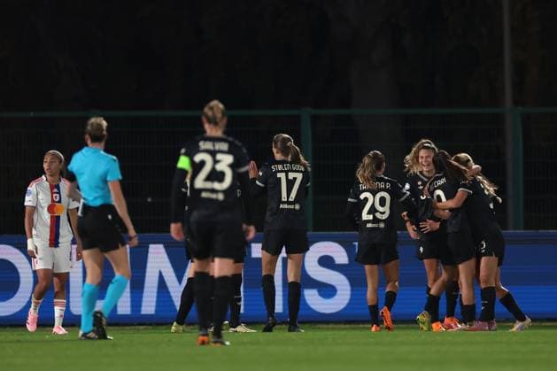 Biella, Italy, 19th November 2025. Michela Cambiaghi of Juventus celebrates with team mates after scoring to give the side a 2-0 lead during the Juventus Women vs Lyonnes UEFA Womens Champions League match at Stadio Vittorio Pozzo, Biella. Picture credit should read: Jonathan Moscrop Sportimage EDITORIAL USE ONLY. No use with unauthorised audio, video, data, fixture lists, club league logos or live services. Online in-match use limited to 120 images, no video emulation. No use in betting, games or single club league player publications. SPI_009_JM_JUVE_LYONNES_UWCL SPI-4295-0009