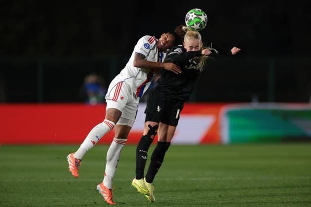 Biella, Italy, 19th November 2025. Tarciane of OL Lyonnes challenges Amalie Jorgensen Vangsgaard of Juventus for an aerial ball during the Juventus Women vs Lyonnes UEFA Womens Champions League match at Stadio Vittorio Pozzo, Biella. Picture credit should read: Jonathan Moscrop Sportimage EDITORIAL USE ONLY. No use with unauthorised audio, video, data, fixture lists, club league logos or live services. Online in-match use limited to 120 images, no video emulation. No use in betting, games or single club league player publications. SPI_010_JM_JUVE_LYONNES_UWCL SPI-4295-0010