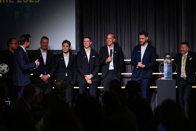 251119 Mjällbys goalkeeper coach Lars Levinsson, Ludwig Malachowski, Elliot Stroud, Herman Johansson, goalkeeper Noel Törnqvist and coach Anders Torstensson during Allsvenskans Grand Prize on November 19, 2025 in Stockholm  Copyright: EMMAxWALLSKOG BB251119EW015