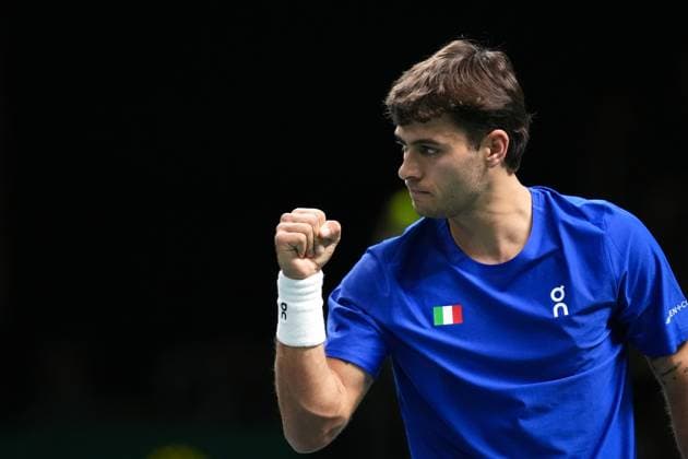 Flavio Cobolli celebrates during the Davis Cup Finals 2025 Quarterfinals match between Flavio Cobolli (Italy) and Filip Misolic (Austria) at Bologna Fiere, Bologna, Italy - November 19, 2025. - Tennis.  Copyright: xMassimoxPaolone LaPressex