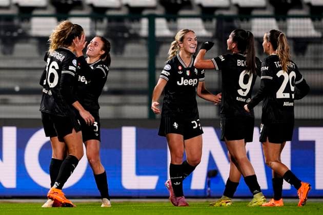 Juventus women Michela Cambiaghi celebrates after scoring the 2-0 goal for his team during the UEFA Women s Champions League soccer match between Juventus Women and OL Lyonnes at the Stadium Comunale Vittorio Pozzo La Marmora in Biella, north west Italy - Day 4 - November 19, 2025. - Soccer.  Copyright: xFabioxFerrari LaPressex