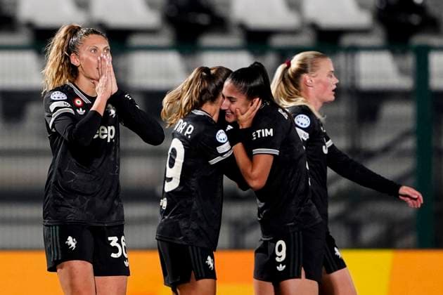 Juventus women Michela Cambiaghi celebrates after scoring the 2-0 goal for his team during the UEFA Women s Champions League soccer match between Juventus Women and OL Lyonnes at the Stadium Comunale Vittorio Pozzo La Marmora in Biella, north west Italy - Day 4 - November 19, 2025. - Soccer.  Copyright: xFabioxFerrari LaPressex
