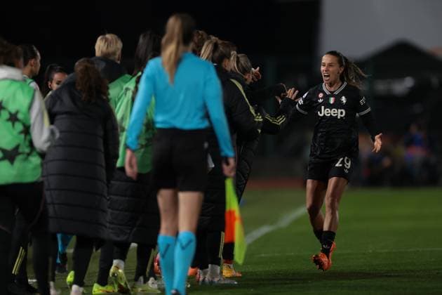 Biella, Italy, 19th November 2025. Tatiana Pinto of Juventus celebrates with team mates after scoring to give the side a 3-0 lead during the Juventus Women vs Lyonnes UEFA Womens Champions League match at Stadio Vittorio Pozzo, Biella. Picture credit should read: Jonathan Moscrop Sportimage EDITORIAL USE ONLY. No use with unauthorised audio, video, data, fixture lists, club league logos or live services. Online in-match use limited to 120 images, no video emulation. No use in betting, games or single club league player publications. SPI_016_JM_JUVE_LYONNES_UWCL SPI-4295-0016