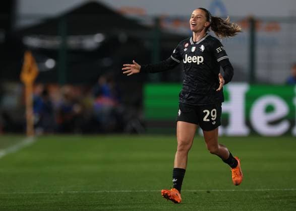 Biella, Italy, 19th November 2025. Tatiana Pinto of Juventus celebrates after scoring to give the side a 3-0 lead during the Juventus Women vs Lyonnes UEFA Womens Champions League match at Stadio Vittorio Pozzo, Biella. Picture credit should read: Jonathan Moscrop Sportimage EDITORIAL USE ONLY. No use with unauthorised audio, video, data, fixture lists, club league logos or live services. Online in-match use limited to 120 images, no video emulation. No use in betting, games or single club league player publications. SPI_021_JM_JUVE_LYONNES_UWCL SPI-4295-0021