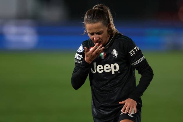 Biella, Italy, 19th November 2025. Tatiana Pinto of Juventus reacts after taking a blow to the face during the Juventus Women vs Lyonnes UEFA Womens Champions League match at Stadio Vittorio Pozzo, Biella. Picture credit should read: Jonathan Moscrop Sportimage EDITORIAL USE ONLY. No use with unauthorised audio, video, data, fixture lists, club league logos or live services. Online in-match use limited to 120 images, no video emulation. No use in betting, games or single club league player publications. SPI_032_JM_JUVE_LYONNES_UWCL SPI-4295-0032