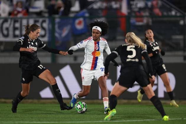 Biella, Italy, 19th November 2025. Lily Yohannes of OL Lyonnes takes on Emma Stolen Godo and Mathilde Harviken of Juventus during the Juventus Women vs Lyonnes UEFA Womens Champions League match at Stadio Vittorio Pozzo, Biella. Picture credit should read: Jonathan Moscrop Sportimage EDITORIAL USE ONLY. No use with unauthorised audio, video, data, fixture lists, club league logos or live services. Online in-match use limited to 120 images, no video emulation. No use in betting, games or single club league player publications. SPI_033_JM_JUVE_LYONNES_UWCL SPI-4295-0033