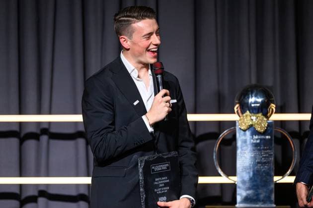 251119 Mjällbys Elliot Stroud receives the award for the years back during Allsvenskans Grand Prize on November 19, 2025 in Stockholm  Copyright: EMMAxWALLSKOG BB251119EW028