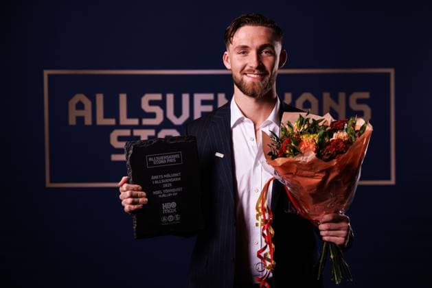 251119 Mjällbys goalkeeper Noel Törnqvist poses for a portrait for the prize for the years goalkeeper during Allsvenskans Grand Prize on November 19, 2025 in Stockholm  Copyright: CAISAxRASMUSSEN BB251119BB416