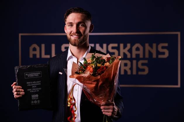251119 Mjällbys goalkeeper Noel Törnqvist poses for a portrait for the prize for the years goalkeeper during Allsvenskans Grand Prize on November 19, 2025 in Stockholm  Copyright: CAISAxRASMUSSEN BB251119BB419
