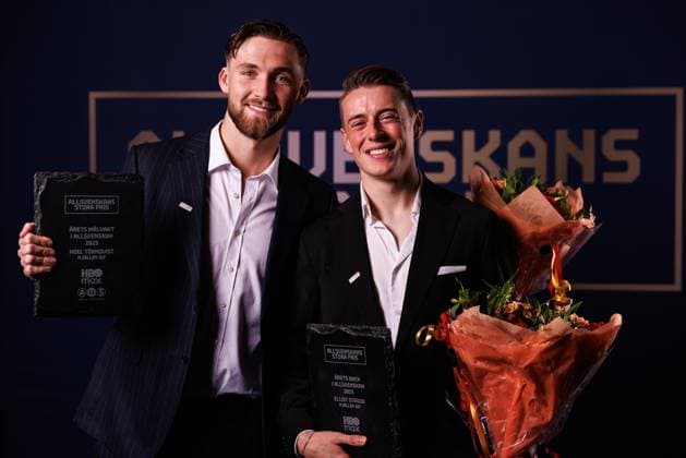 251119 Mjällbys goalkeeper Noel Törnqvist and Elliot Stroud pose for a portrait for the prize for the goalkeeper and back of the year during Allsvenskans Grand Prize on November 19, 2025 in Stockholm  Copyright: CAISAxRASMUSSEN BB251119BB420