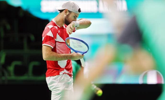 TENNIS - Davis Cup Final 8 BOLOGNA,ITALY,19.NOV.25 - TENNIS - ITF Davis Cup, Final 8, Italy vs Austria. Image shows the disappointment of Jurij Rodionov (AUT).  GEPAxpictures xMatthiasxHauer